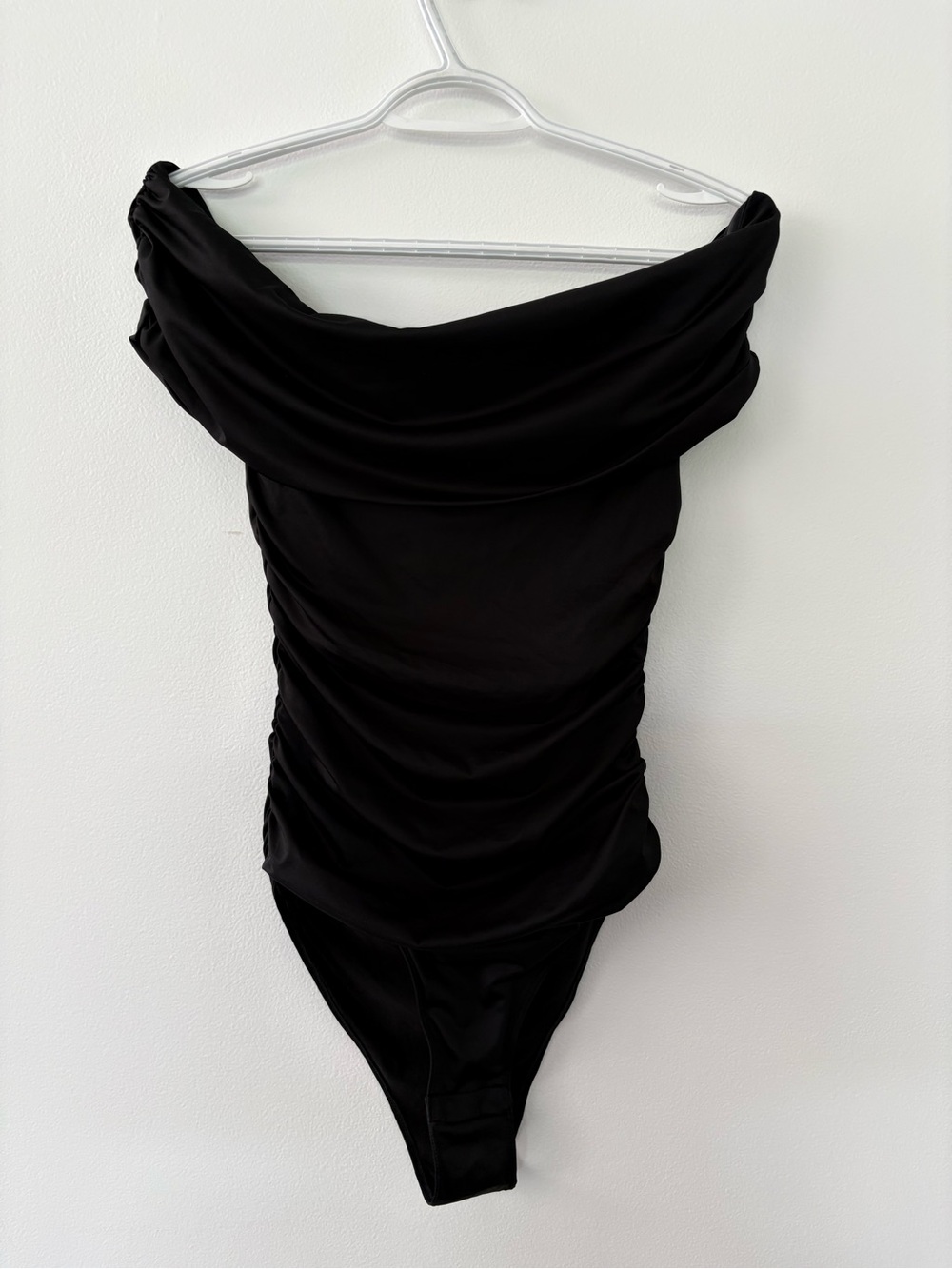 Black Off-Shoulder Ruched Women’s Bodysuit